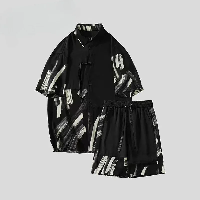 

Ice Silk Men's Shorts Set Graphic Print Two-piece Novelty in Basic Tee Aesthetic Slim Fit Stylish Regular Male Shirts Short Sets