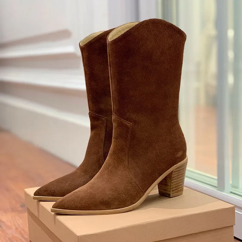 Mid Calf Boots Suede Chunky High Heels Shoes Women Pointed Toe Short Boots British Style Autumn Winter Chelsea Boots Botas Mujer