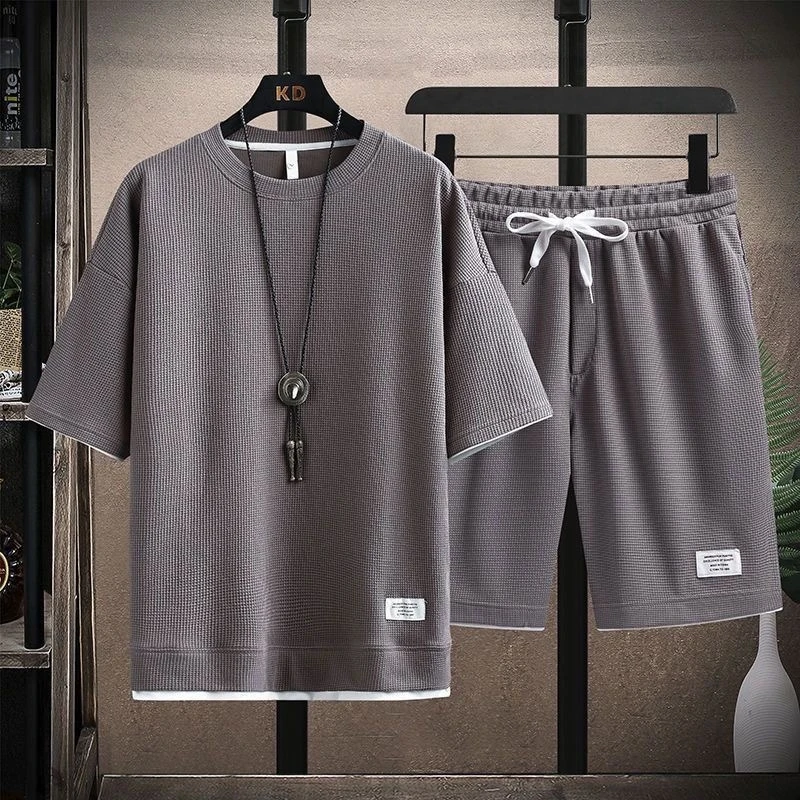 Men Summer Waffle Ice Silk 2PCS Set Thin Short Sleeve T-shirt + Shorts Handsome Casual Sportswear Daily Outfit