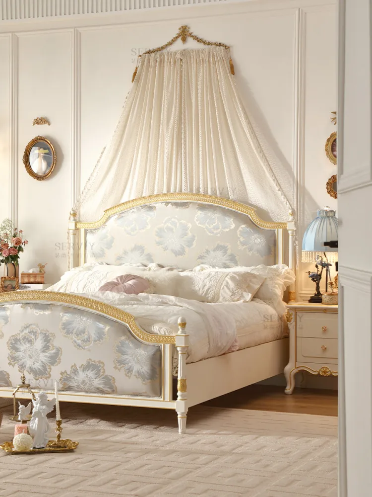 CX palace neoclassical retro solid wood bed light luxury satin embroidery retro old master bedroom bed