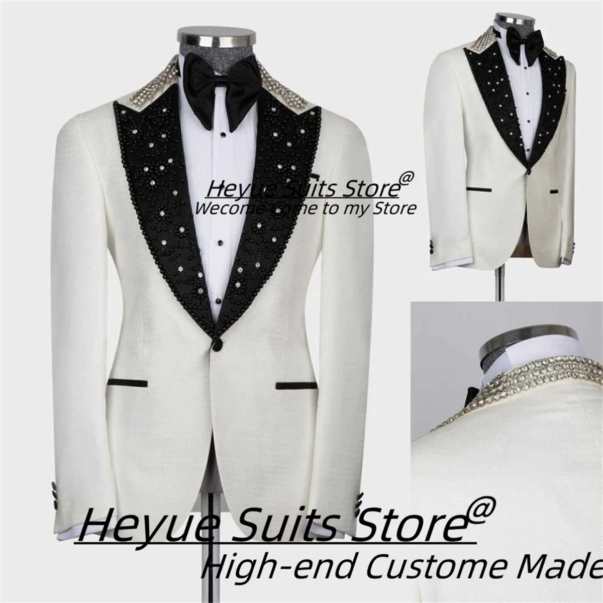 

Luxury Crystal Beading Groom Wedding Tuxedos Customized Slim Fit Peak Lapel Men Suits High-qublity Male Prom Blazers Ropa Hombre