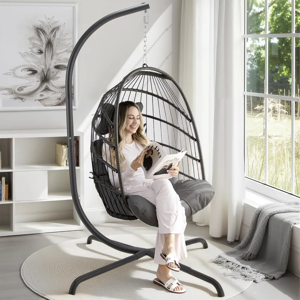 كرسي على شكل بيضة من الخيزران للاستخدام الداخلي والخارجي مع حامل، سلة معلقة للفناء، كرسي مريح مبطن على شكل بيضة للاسترخاء #4