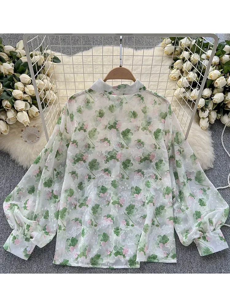 Women Spring Shirt Korean Version Floral Polo Collar Tulle Shirt Lantern Sleeves Unique Art Retro Long Sleeve Loose Top D4721