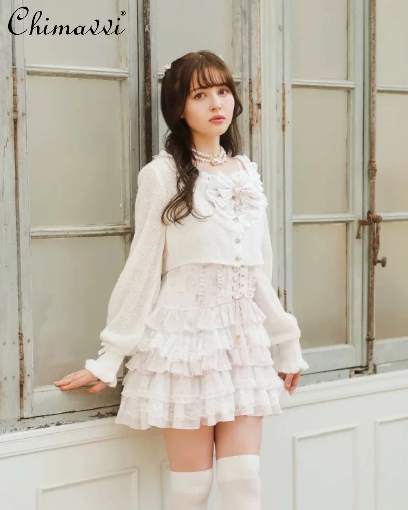 

Liz Japanese Sweet Knit Outfits 2026 New Fairy Sweet Princess Floral Suspender Dress Cardigan Tops Elegant Lolita Sets for Girls