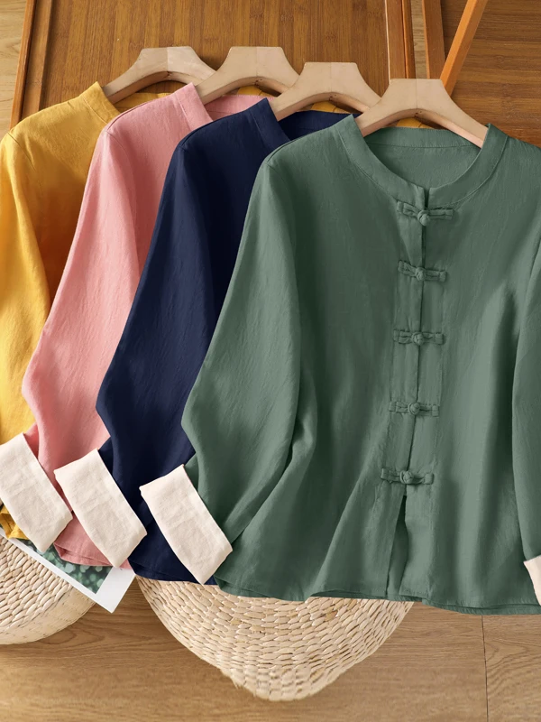 

Loose Women's irt Autumn 2025 New Chinese Sle Pure Color Sve Cuff Contrast Color Single Button Versatile Straight Cut Top