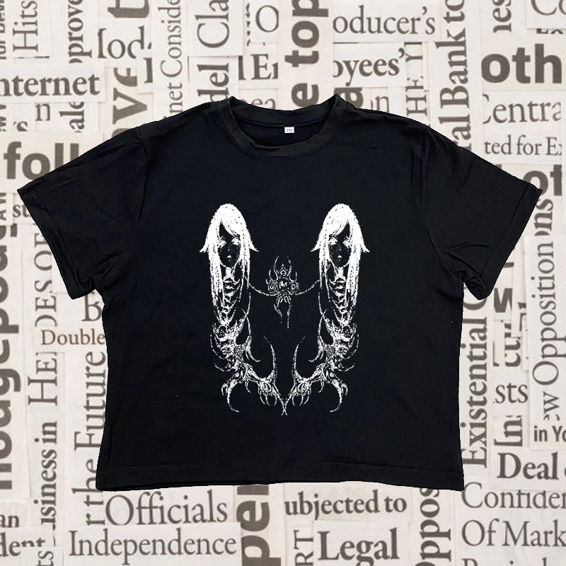 الأمريكية خمر عادية تي شيرتات قصيرة الاكمام القوطية Harajuku الجمالية المرأة الطفل المحملة 2000s الشارع الشهير Y2K موضة الشرير المحاصيل #2