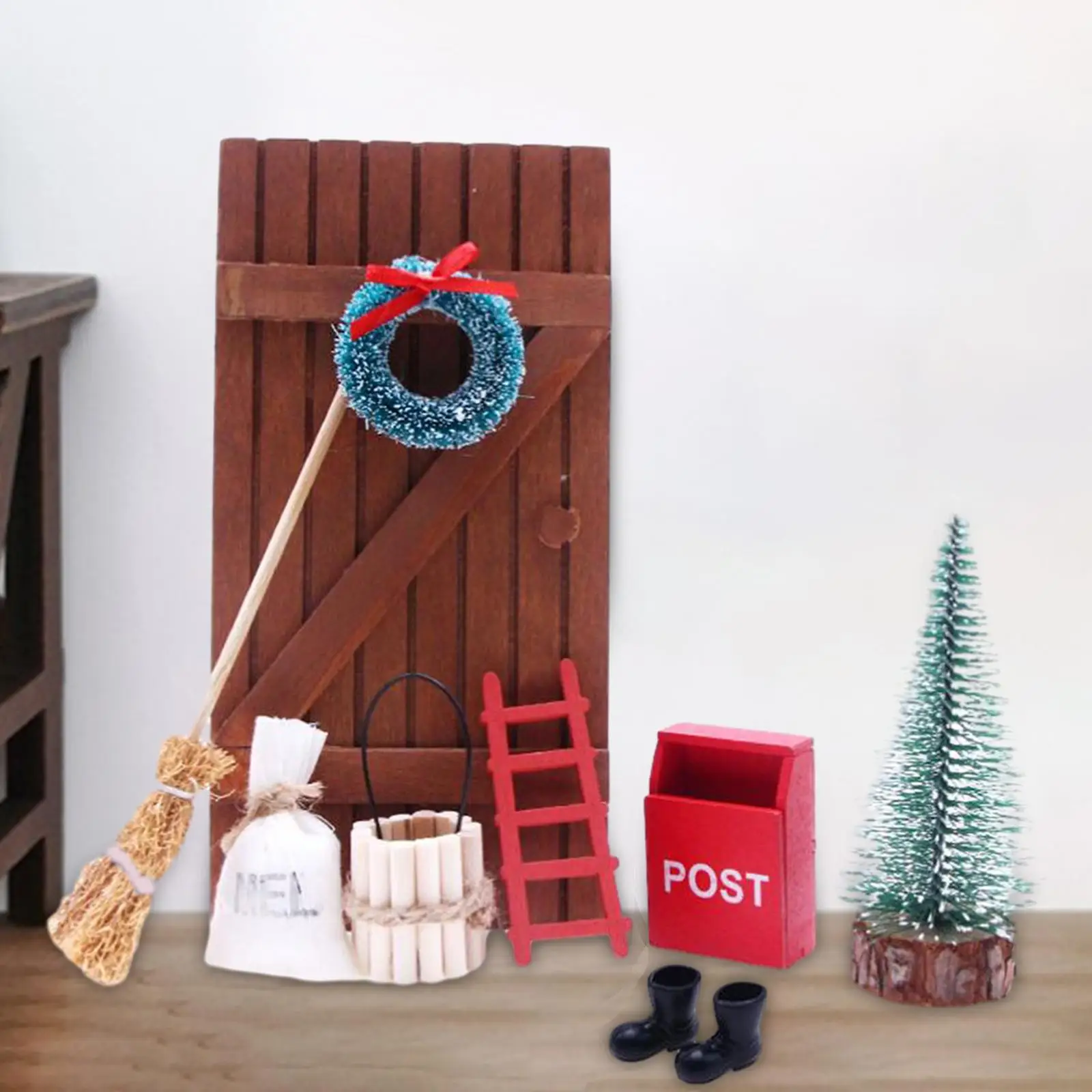 9Pcs 1:12 Dollhouse Christmas Xmas Decor Dioramas Miniature DIY Wooden Elf Door for Railway Station Layout DIY Projects Building