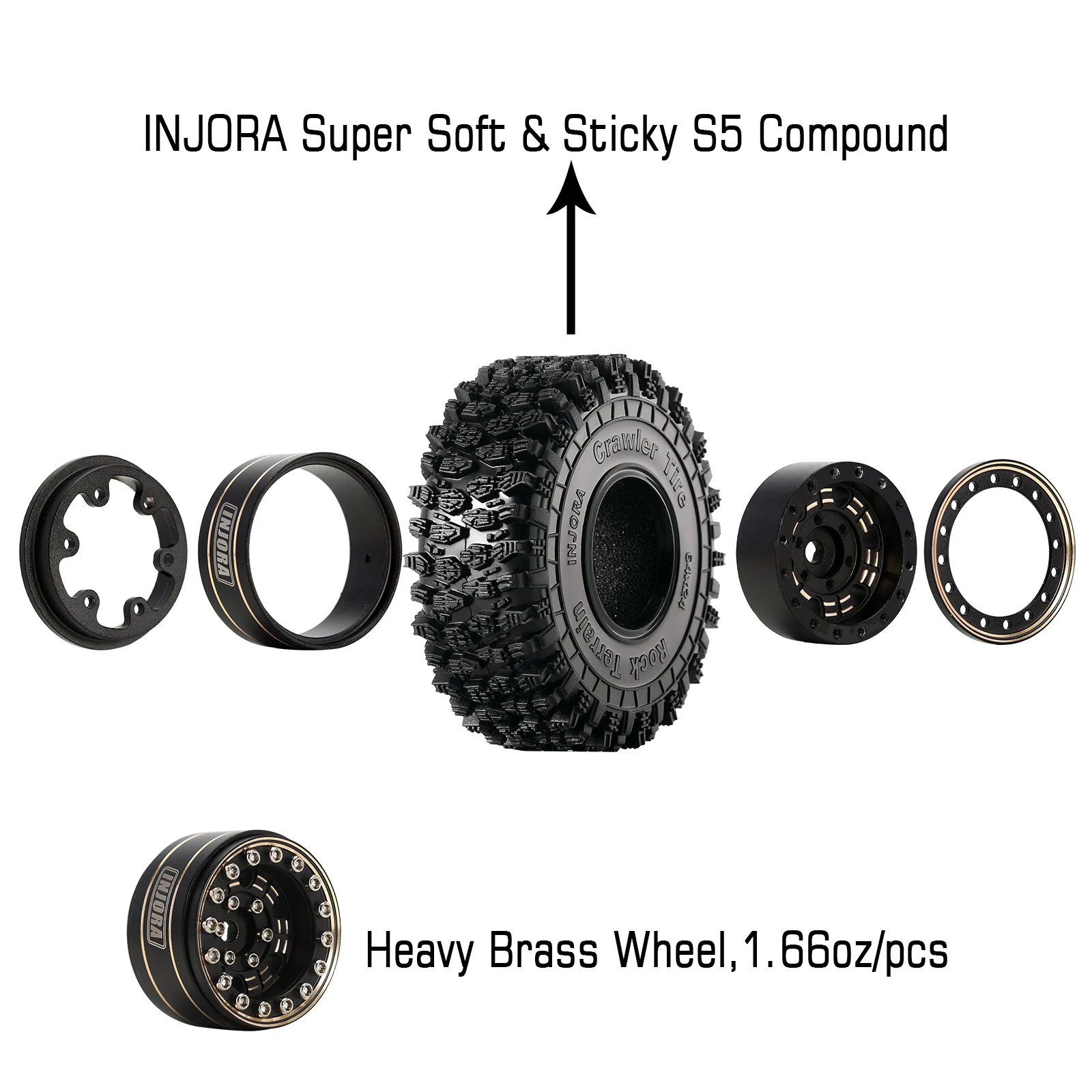 INJORA 1.0 Beadlock Brass Wheel Rims Tires Set 64*24mm for 1/18 1/24 RC Crawler Car Axial SCX24 FMS FCX24 Upgrade (W1005-T1011)