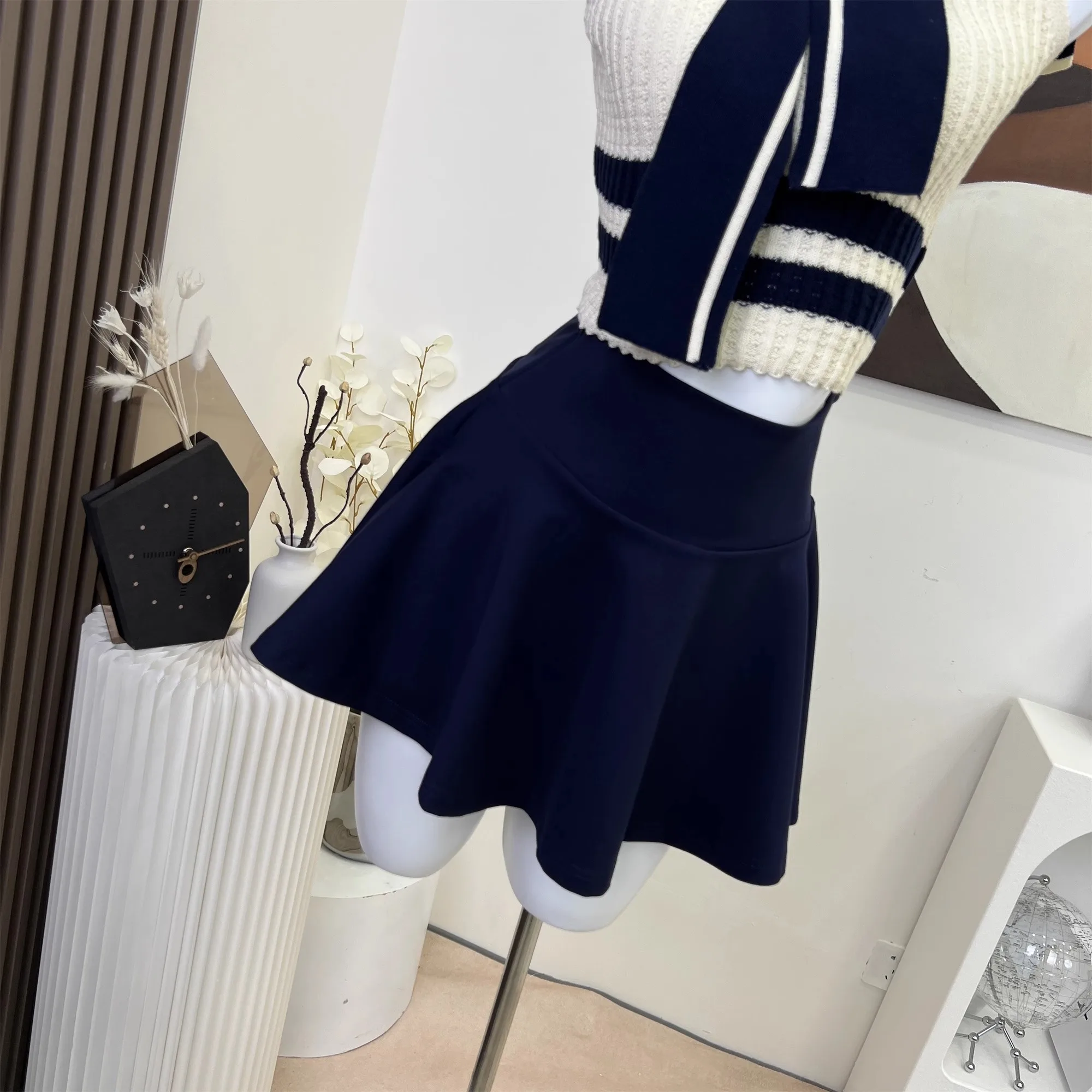 224 New Sweet Navy Knit Tank Top Skirt Two Piece Set Women Sleeveless Spicy Girl Fashion Elastic Slim Summer Chic Female Suit