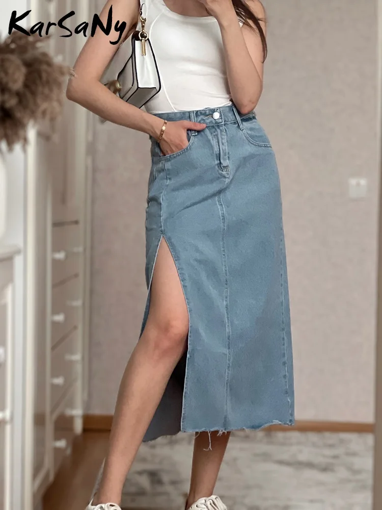 KarSaNy Casual Jeans Skirts Womens 2023 Side Slit Sexy Long Denim Skirt High Waist Summer Vintage A Line Skirts For Women Denim