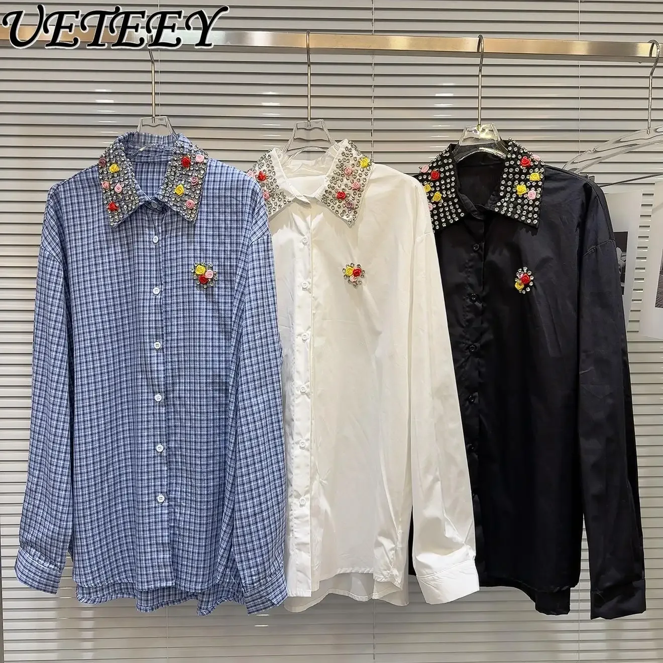 Spring Autumn New Personalized Fashion Flower Bead Lapel Long-sleeved Shirt Heavy Industry Versatile Loose Single-breasted Tops