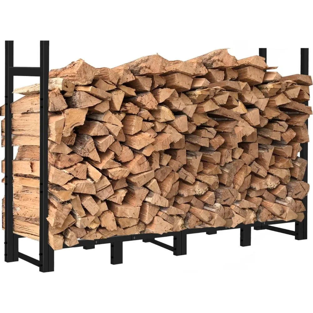 8ft Firewood Rack Outdoor Adjustable Heavy Duty Wood Rack Fire Wood Holder，Organizer Wood Stand Stacker, Black