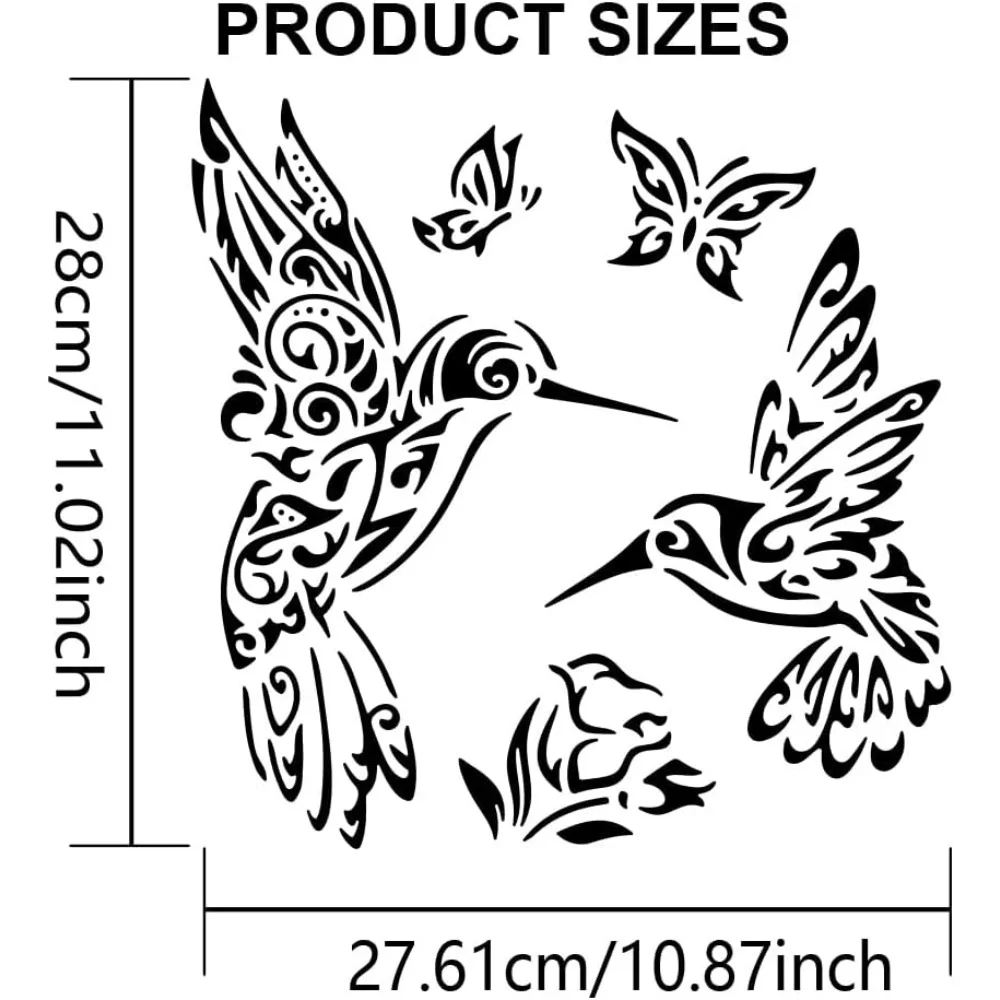 Hummingbird Pattern Stencil 11.8×11.8inch Large Decorative Hummingbird Flowers Drawing Stencils with Painting Brush Floral