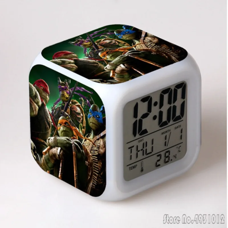 Animated Mutated N-Ninja-Turtles Alarm Clock Creative Student 8x8x8cm LED Cube with Colorful Light Display Time Week Month