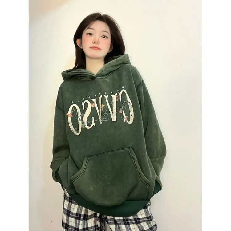 Aesthetic Tops Hoodie Grunge Loose Punk Vintage Sweatshirt Oversized Letter Print Casual Streetwear Floral Embroidery