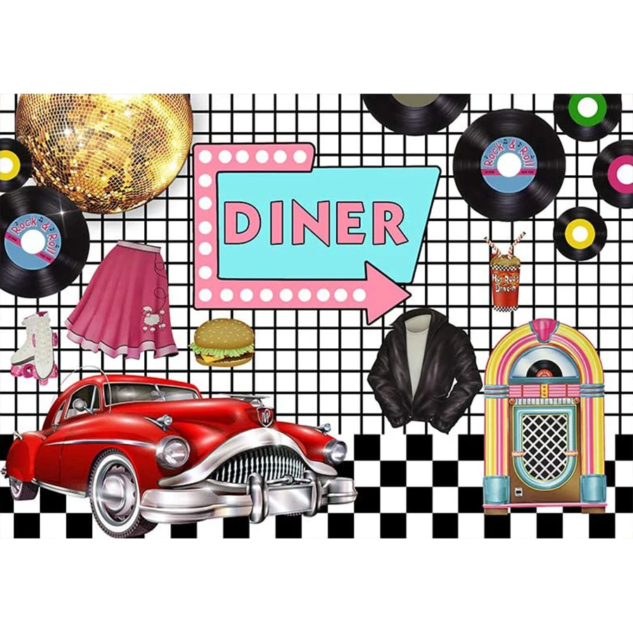 50's Rock and Roll Diner Backdrop Sock Hop Disco Prom Party Photography Background 7x5ft Photo Shooting Studio Props Party Decor