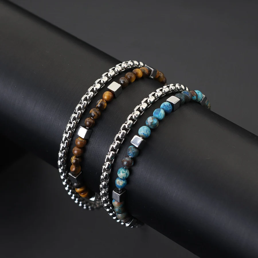 Punk 2 Teile/satz Natürliche Stein Armband Männer Edelstahl Kette Tiger Augen Hämatit Perlen Armband Coole Freund Geschenke Für Ihn