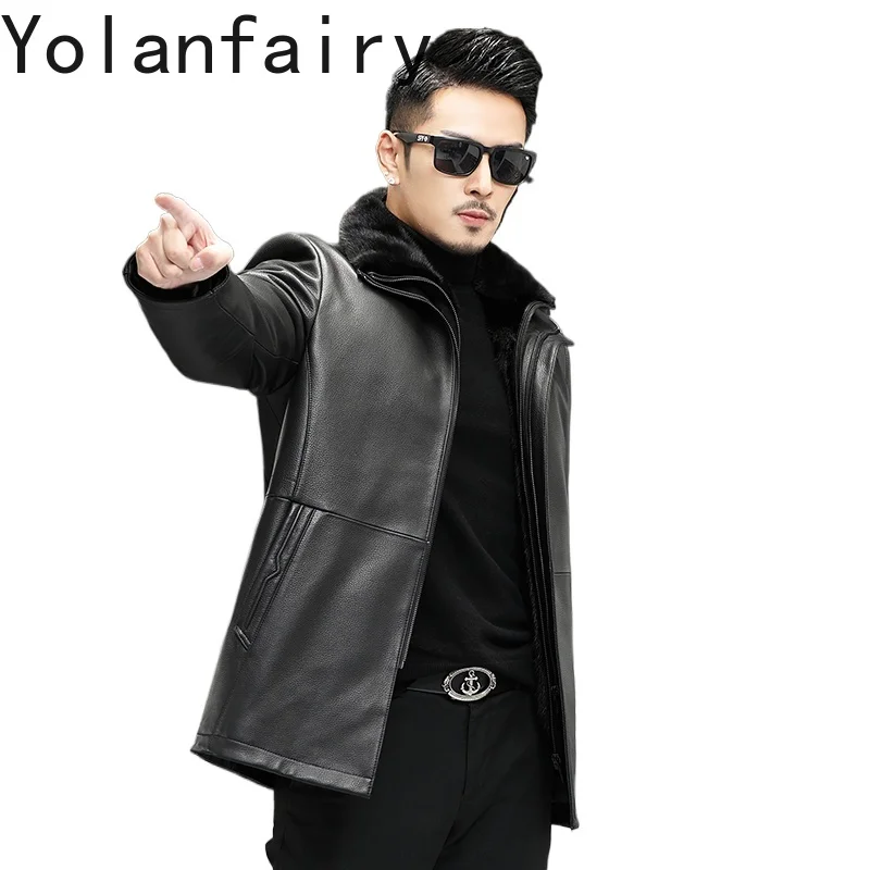 YOLANFAIRY Genuine Sheepskin Leather Jackets Man Winter Luxury Mink Fur Liner Jacket for Men Mid-length Real Fur Coat Abrigos