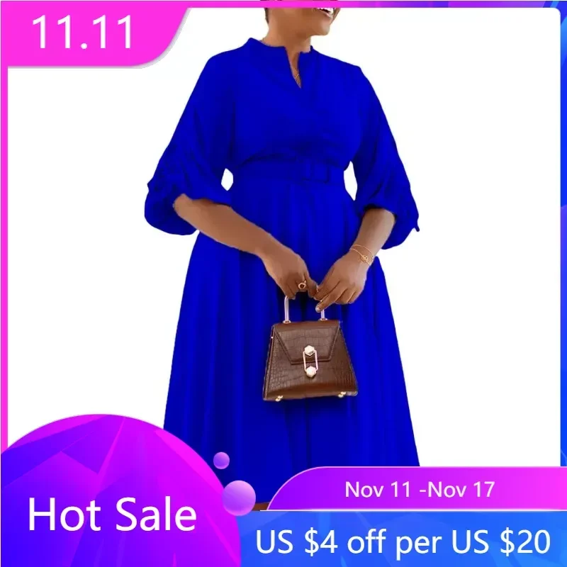 

Elegant African Dresses for Women Polyester 2024 3/4 Sleeve Muslim Fashion Abayas Dashiki Robe Party Midi Dress African Clothing