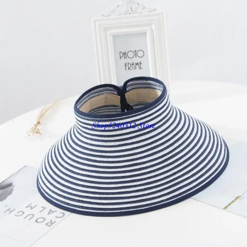 634C Women Open Top Straw for Sun Visor Hat Bowknot Wide Brim Roll-up Foldable beach