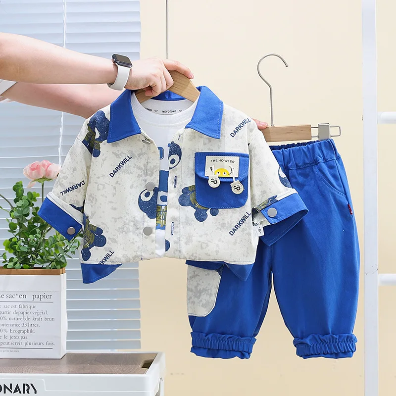 Spring Autumn 2024 Children Baby Boys 3PCS Clothes Set Cotton Tops Cartoon Printed Shirts Pocket Pants Suit Toddler Boy Outfit