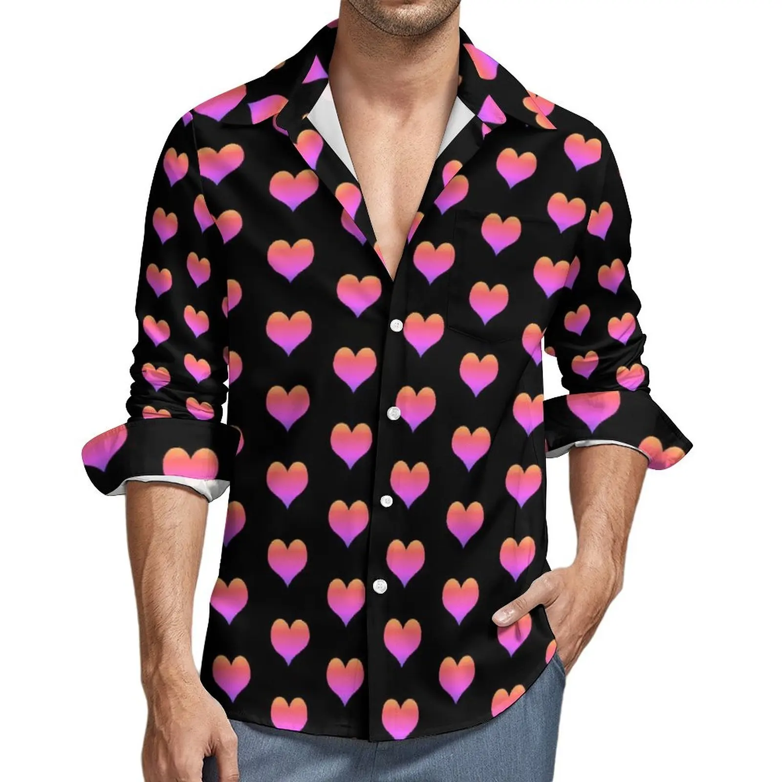 Pink Hearts Print Casual Shirt Valentine's Day Classic Hawaiian Shirts Men Short-Sleeved Vacation Stylish Oversized Blouses