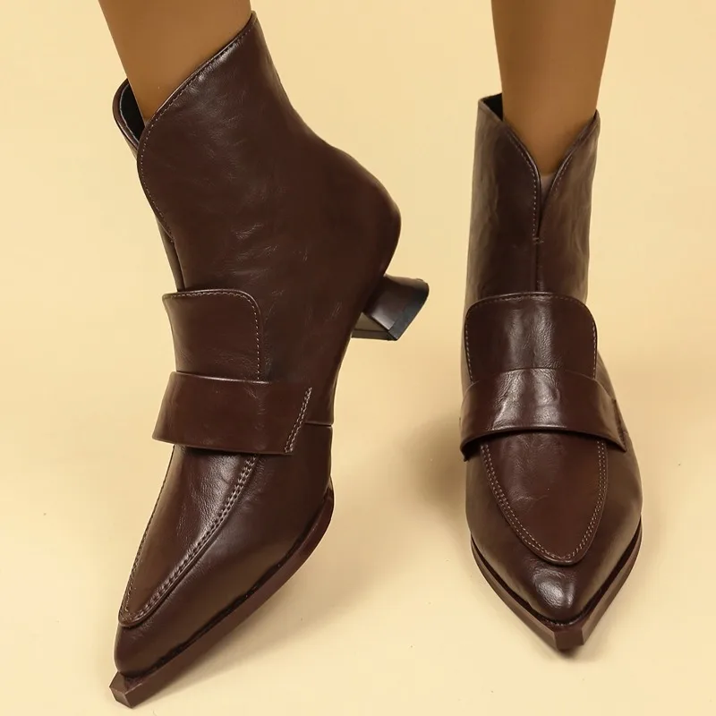 

Pointed Toe Women High Heels Shoes Fashion Chunky Leather Ankle Boots New Designer 2025 Trend Pumps Winter Sexy Punk Snow Botas