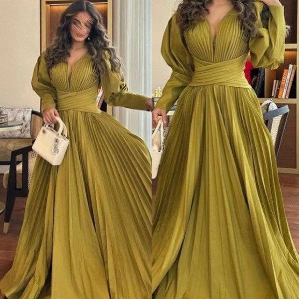 Customized Elegant Evening Dress Long Sleeve Sexy V Neck A-line Pleat Prom Gown Solid Color فساتين السهرة 2023 جديده Cocktail Dr