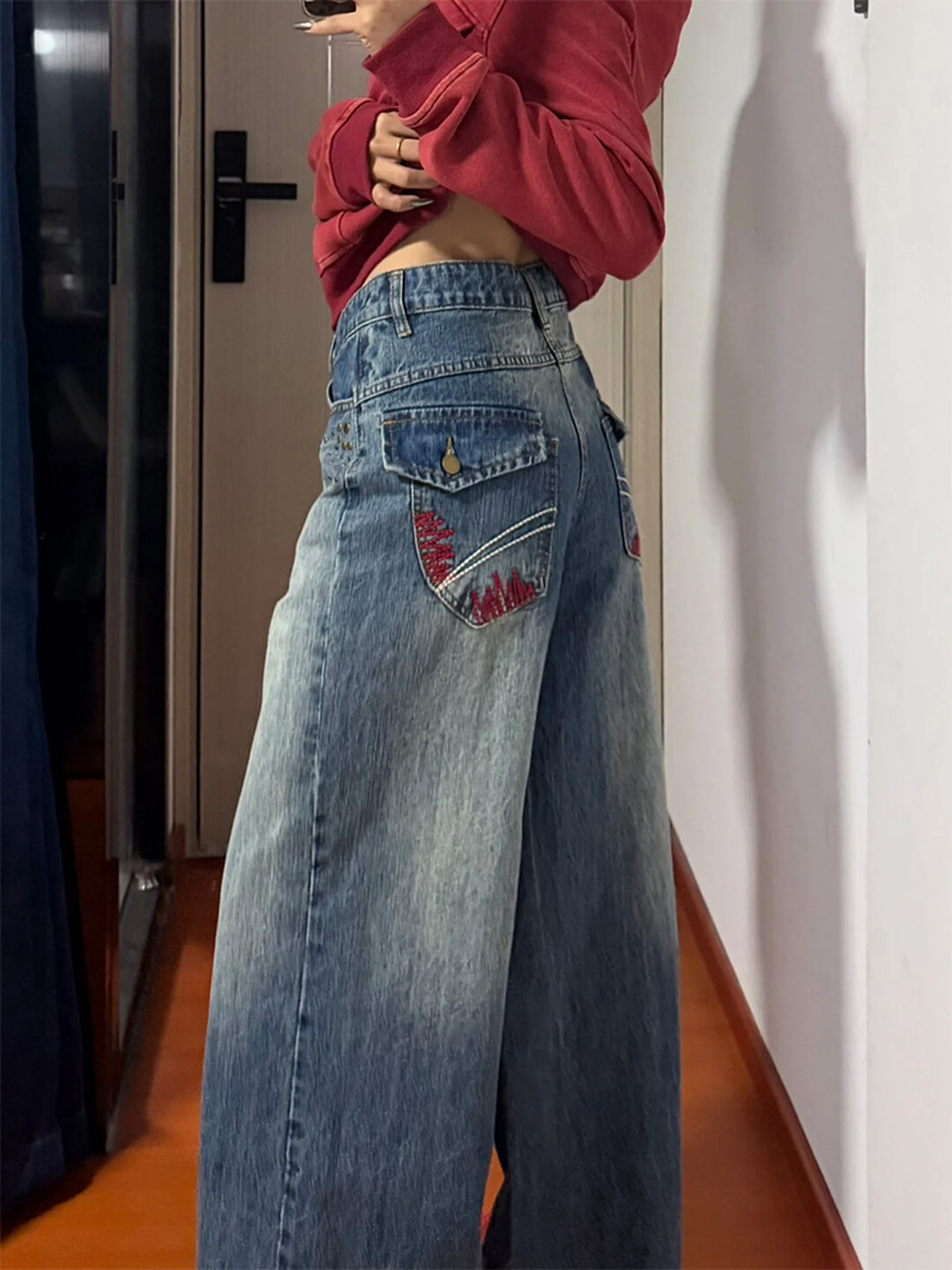 

Retro Style High Waist Wide Leg Jeans Women's Casual Cotton Denim Pants Autumn Winter Seasonal High Waist Pockets Straight Cut