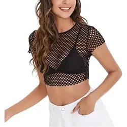 Fashionable Women's Sheer Mesh Fish Net Short Sleeve Crop Top T Shirt Blouse in White Black Fluorescent Yellow