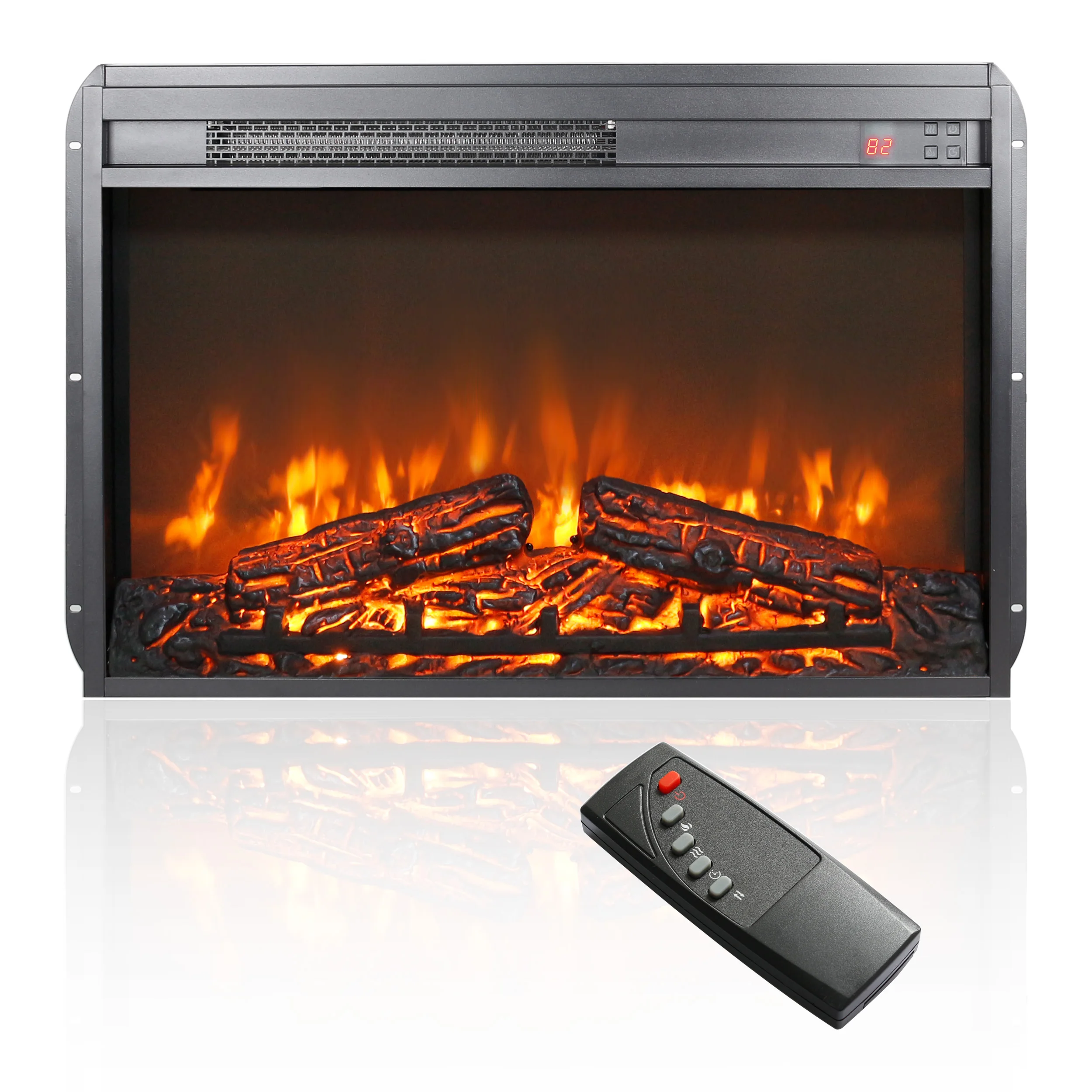 26 inch electric fireplace insert, ultra thin heater with log set & realistic flame, remote control with timer