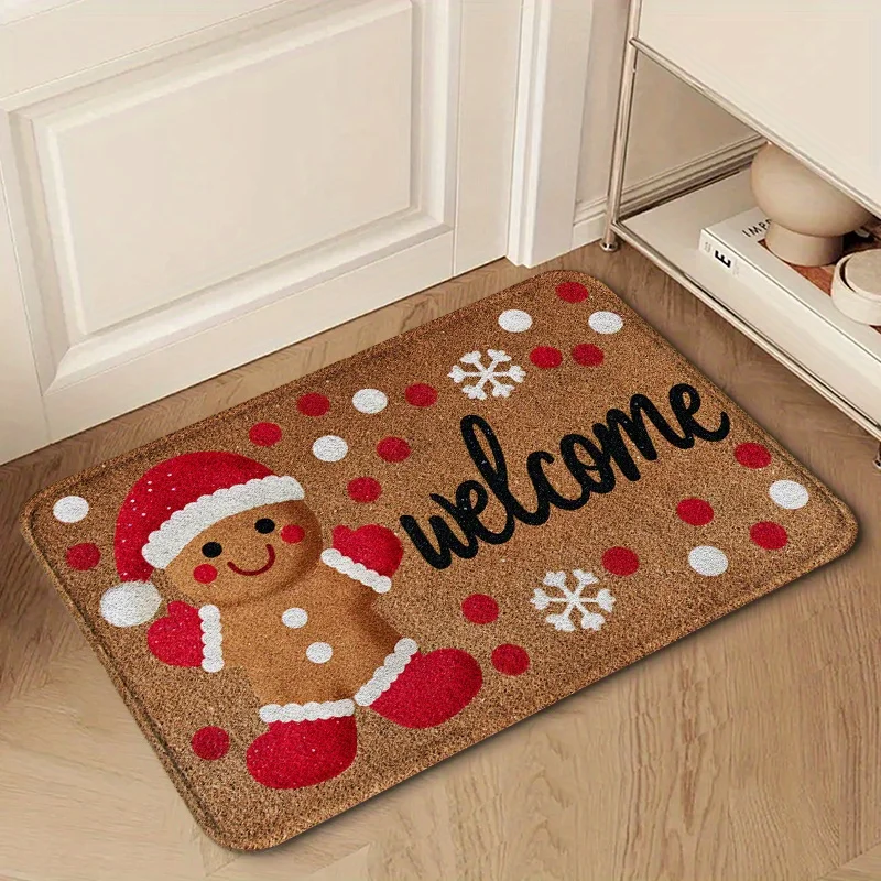 Gingerbread Man WELCOME Snow Dot Print Non Slip Indoor Entry Mat Winter Christmas Front Door Decor Rug