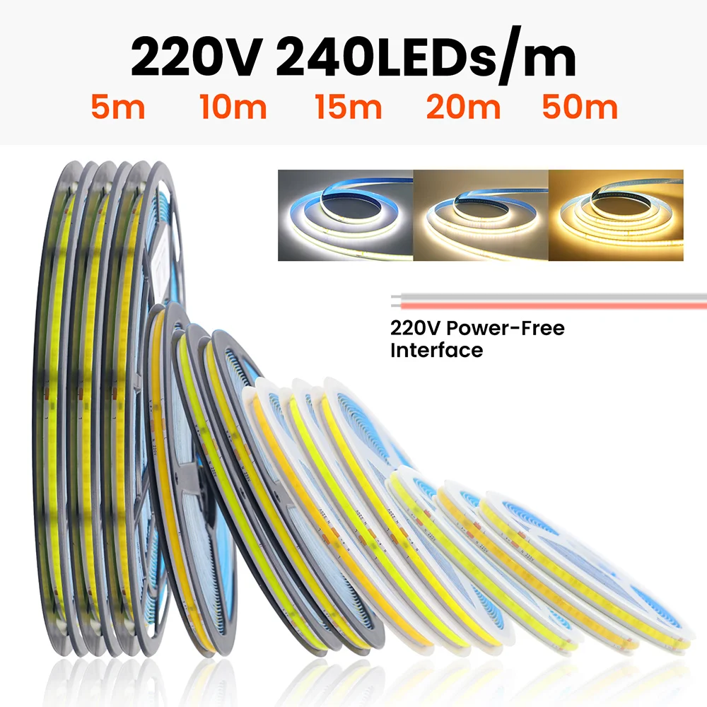 5m 10m 20m 50m COB LED Strip 220V 230V 3000K 4000K 6000K Flex Light Tape with IC Chip High Bright 240 LEDs Linear Lighting RA90
