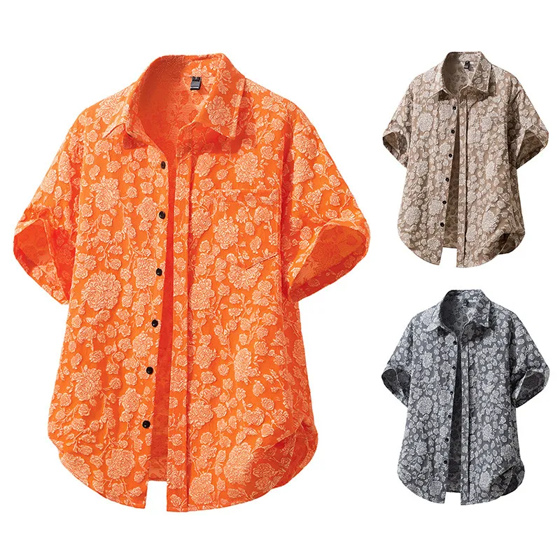 

Korean Style Hong Kong Island Men's Beach Short Sleeve Shirt Floral Embroidery Summer Casual Fashion Standard Fit Youth Shirt