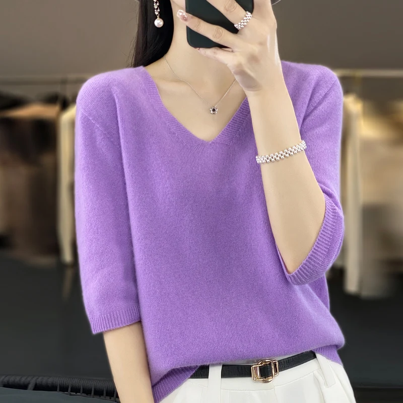 100% pure wool first-line ready-to-wear V-neck five-point sleeves loose ladies bottoming shirt seamless fashion Joker slim sweat