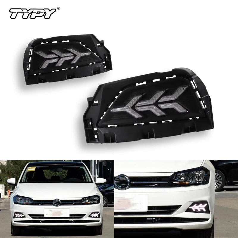 TYPY 2Pcs Front Fog Lamp Cover White LED DRL Daytime Running Light Dynamic Turn Signal Indicator For Volkswagen Polo 2019 2020