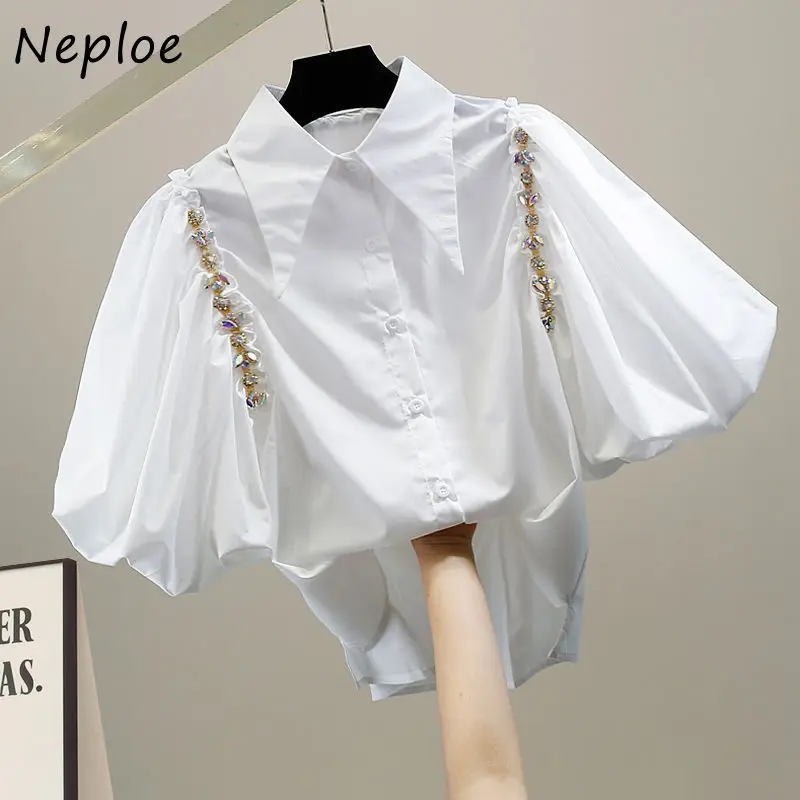 Neploe Heavy Beaded Diamond Sweet Lapel Blouses Big Puff Sleeved Single Breasted Short Shirt Fashion Trendy Temperament Blusas