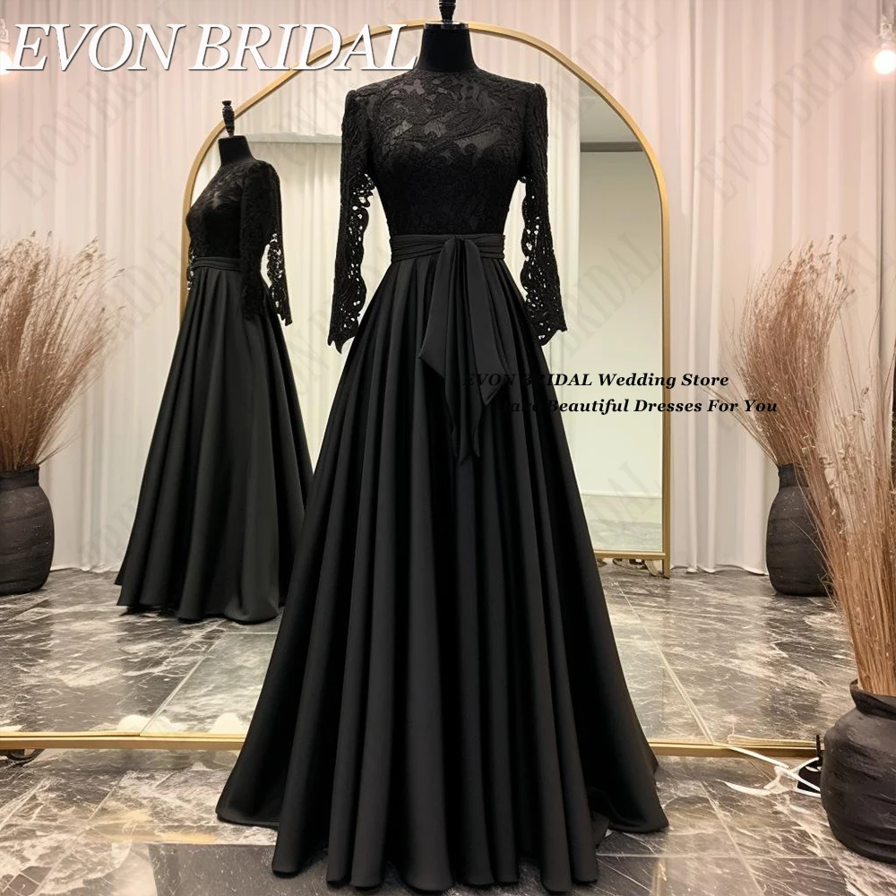 EVON BRIDAL-Robes de soirée formelles en dentelle à col haut pour femmes musulmanes, robes de soirée de mariage, ligne A en satin, grande taille