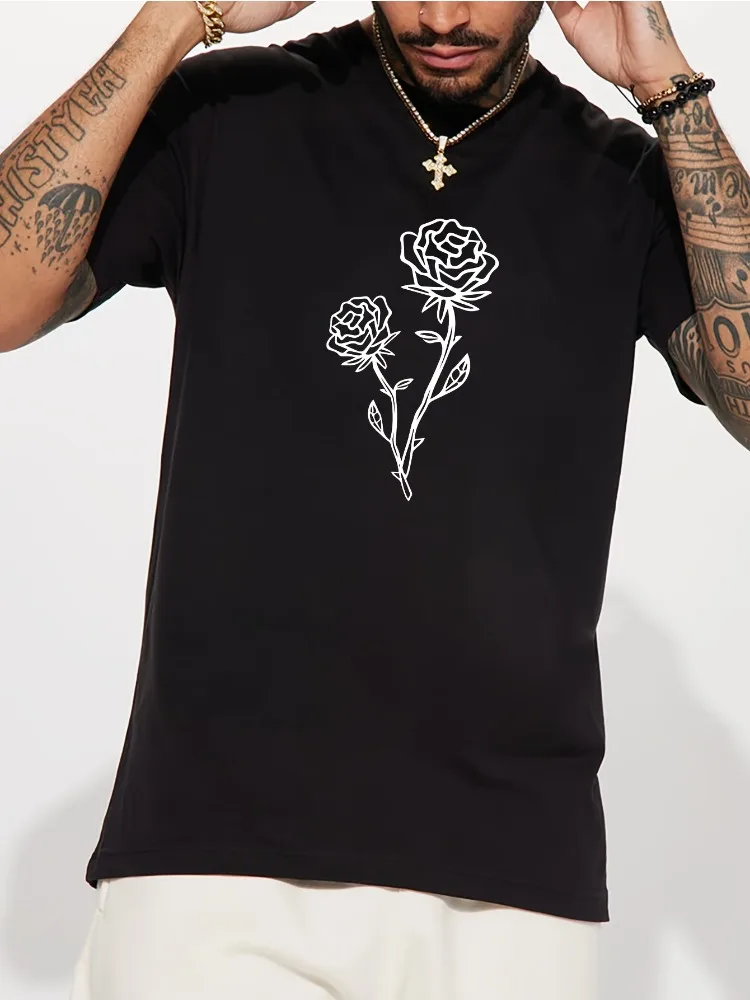 Men Summer Cotton Short Sleeve T Shirt Black Line Two Rose Stem Print Crew Neck Minimalist Aesthetic Street Casual Male Tee