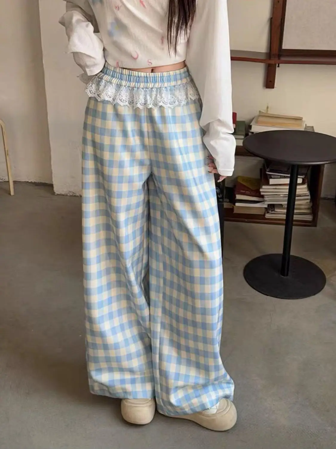 Koronkowe łączenie niebieska krata luźne spodnie z prostymi nogawkami damskie szerokie nogawki wiosna jesień 2025 nowe spodnie z wysokim stanem