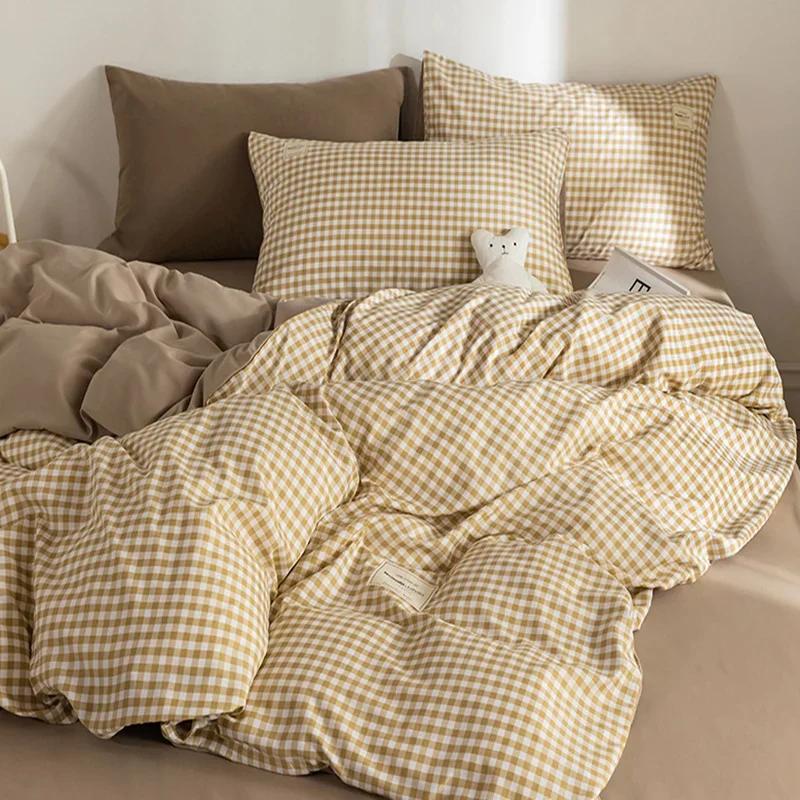 

Japanese Grid Printed Washed Cotton Quilt Cover Set Skin Friendly Breathable Bedding for All Seasons Queen King Bed Flat Sheet