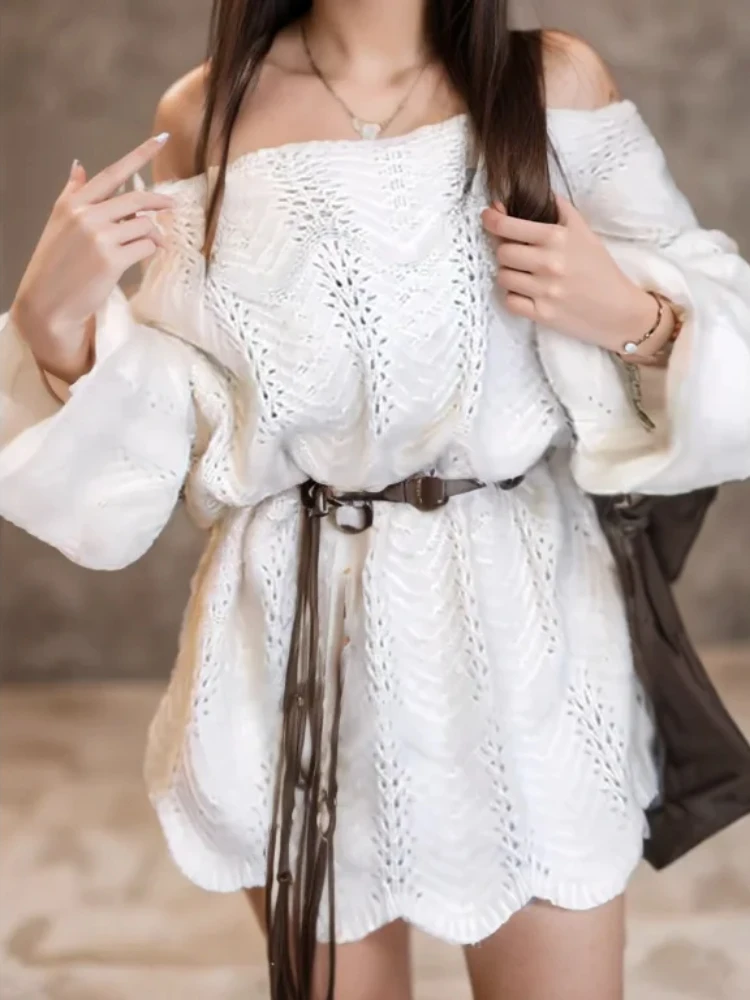 

New Elegant Ladies Sweater One Shoulder Irregular Hollow Lace Long Sleeve Sexy Knitted Long Top