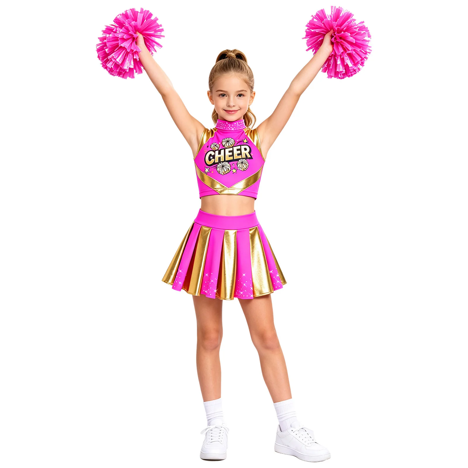 Cheerleader-Kostüm für Mädchen, Cheerleading-Uniform, 2-teiliges Set, ärmelloses Top mit Strasssteinen und „CHEER“-Aufdruck, kurzes Oberteil, plissierter Rock, Tanzoutfit. – Detail 9