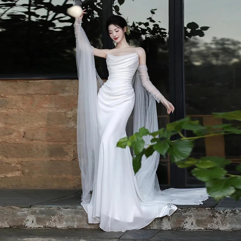 

Strapless Light Wedding Dress2025New Travel Photography Forest Style Super Fairy Bride Wedding Mermaid Dress Simple Reception Ex