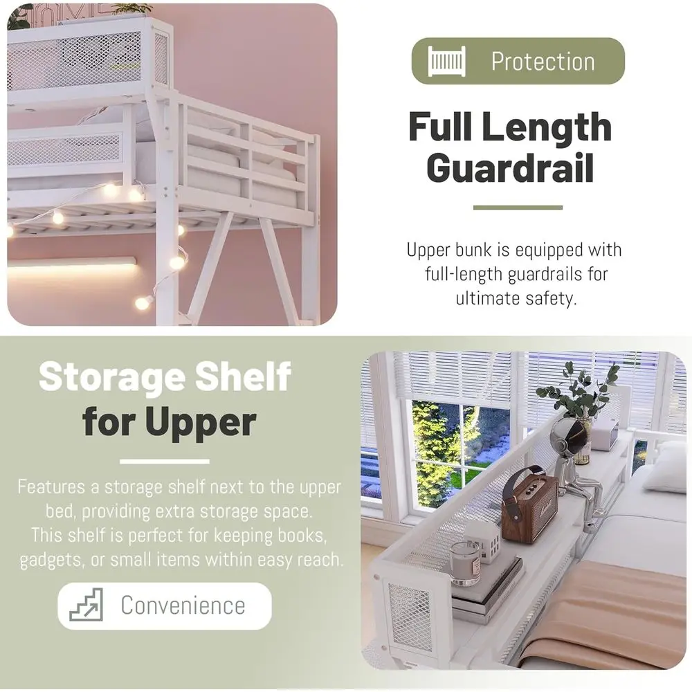 Cama com escadas, camas de metal em tamanho real com prateleiras de armazenamento, cama para adultos com guarda-roupa, alta resistente