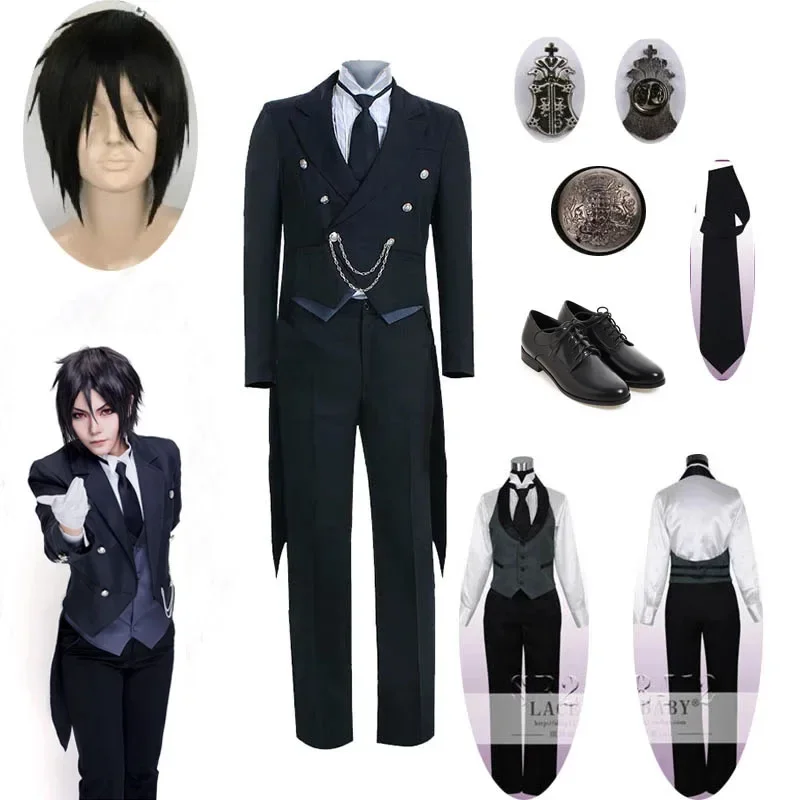 Anime Black Butler 2 Kuroshitsuji Sebastian Michaelis Cosplay Costume Unisex Uniform Halloween men women Cosplay  wig Shoes PA96