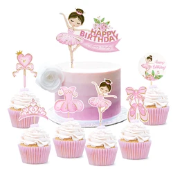 Pink Ballerina Girl Cake Topper Toppers Crown Dress Kids Happy Birthday Wedding Party Baby Shower Baking Cake Dessert DIY Decor