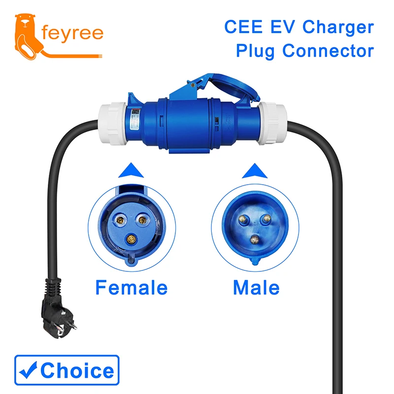 

feyree EV Charger CEE Female Plug 3 Pins Adapter Waterproof Connection WallMount Socket 32A 1Phase 7KW Portable Charger