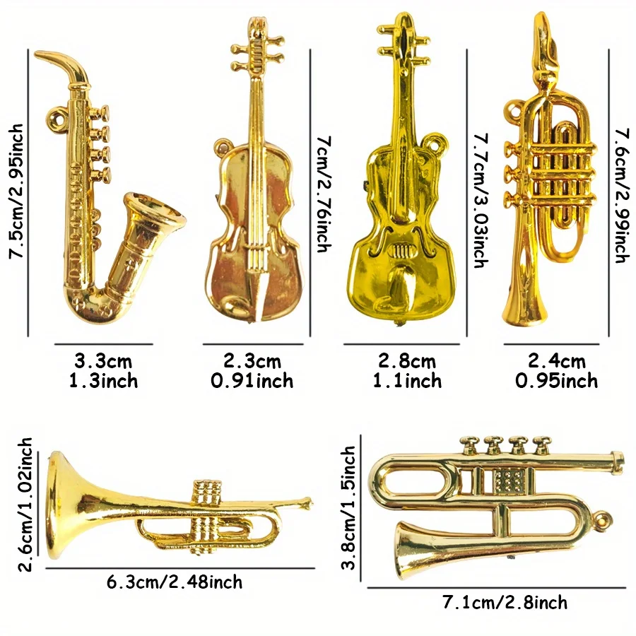 10pcs 2-7cm Mini Golden Musical Instrument Ornaments Miniature Guitar Violin Horn Saxophone Dollhouse Desktop Decoration DDJ