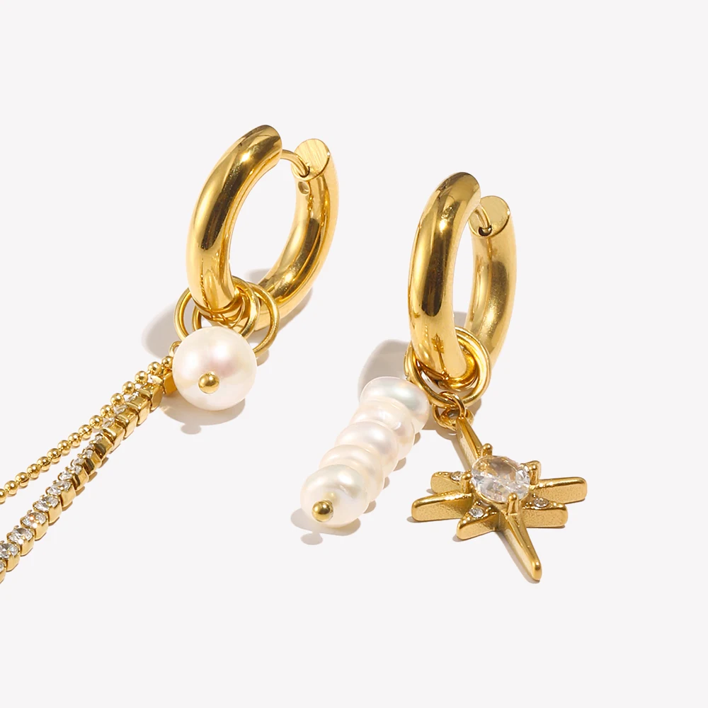 E.B.belle Asymmetric Freshwater Pearl Zircon Octagonal Star Chain Earrings 18K Gold Plated 316L Stainless Steel Decoration